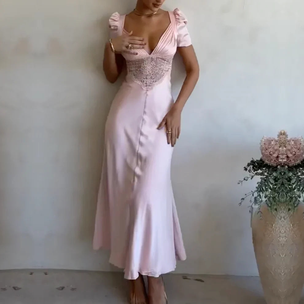 Robes de soirée Weitese rose clair élégantes en dentelle et satin à manches courtes, robes de soirée, magasins avec robes de bal, robes formelles pour femmes